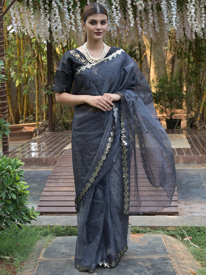 Rajwada Black Beads Embroidered Organza Saree with Unstitched Blouse for Women