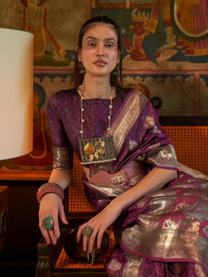 Rajwada Purple Silk Blend Woven Saree With Unstitched Blouse for Women