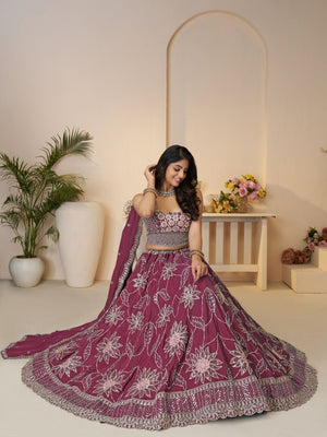 Rajwada Dark Magenta Silk Blend Embroidered Semi-Stitched Lehenga For Women
