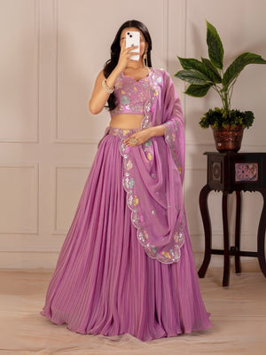 Rajwada Lavender Georgette Embroidered Semi-Stitched lehenga For Women