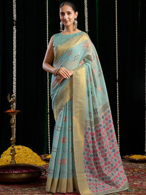 Rajwada Light Blue Silk Blend Solid Saree For Women