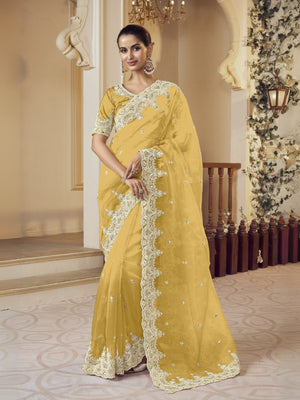 Rajwada Yellow Organza Embellished Elegant Saree For Women