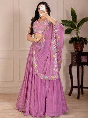 Rajwada Lavender Georgette Embroidered Semi-Stitched lehenga For Women