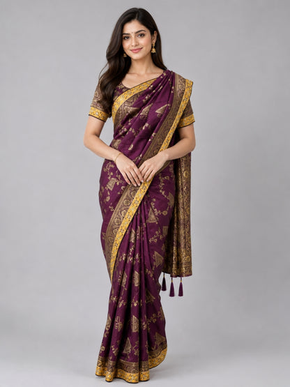 Wine Silk Blend Solid Saree