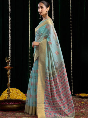 Rajwada Light Blue Silk Blend Solid Saree For Women