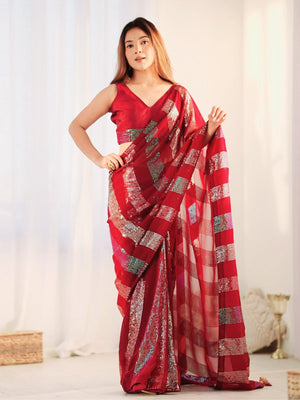 Rajwada Red Georgette Embellished Saree With Unstitched Blouse For Women
