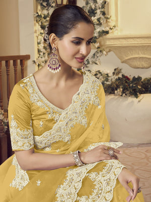 Rajwada Yellow Organza Embellished Elegant Saree For Women