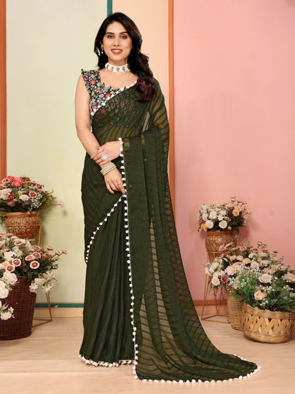 Rajwada Olive Green Georgette Plain Saree For Women