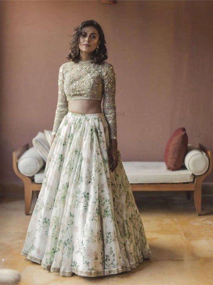 Rajwada White Organza Printed Semi-Stitched lehenga For Women