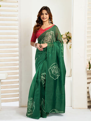 Rajwada Dark Green Cotton Linen Zari Work Saree For Women