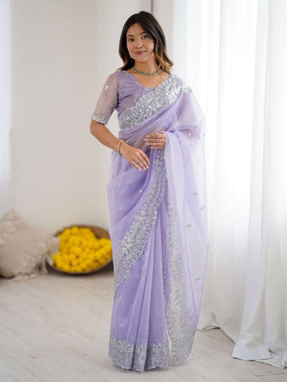 Rajwada Lavender Organza Embellished Solid Saree For Women