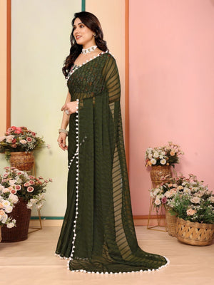 Rajwada Olive Green Georgette Plain Saree For Women