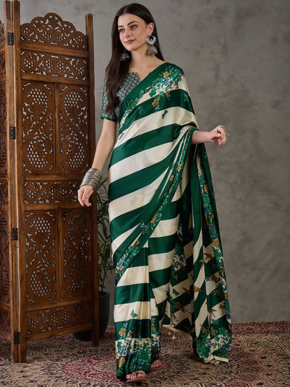 Rajwada Green And White Silk Blend Printed Elegant Saree For Women