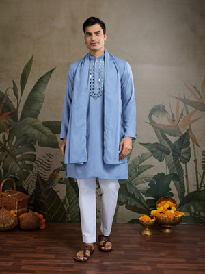 Rajwada Light Blue Viscose Silk Embellished Stitched Kurta For Men