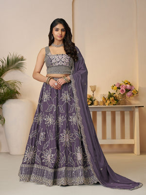 Rajwada Purple Silk Blend Embroidered Semi-Stitched Lehenga For Women
