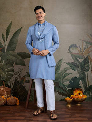 Rajwada Light Blue Viscose Silk Embellished Stitched Kurta For Men