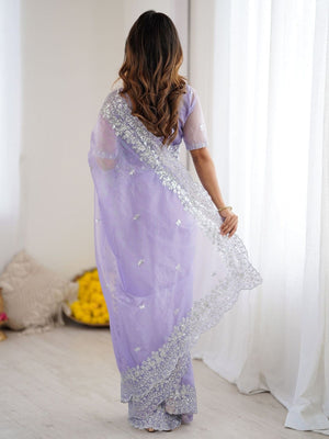 Rajwada Lavender Organza Embellished Solid Saree For Women