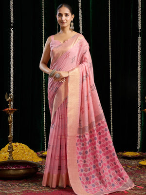 Rajwada Light Pink Cotton Blend Solid Saree For Women