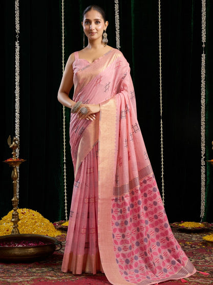 Rajwada Light Pink Cotton Blend Solid Saree For Women