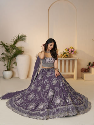 Rajwada Purple Silk Blend Embroidered Semi-Stitched Lehenga For Women