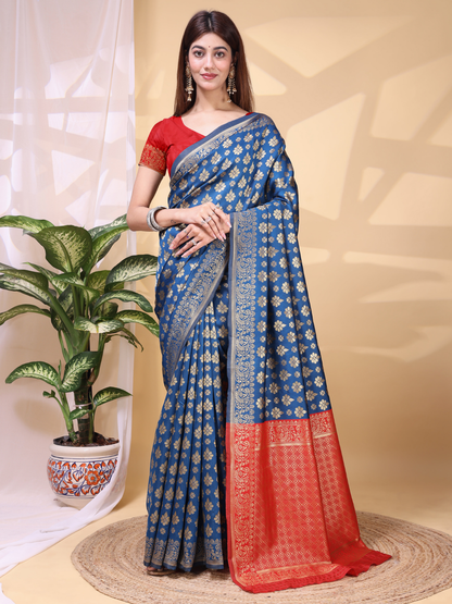 Rajwada Navy Blue Silk Blend Woven Saree For Women