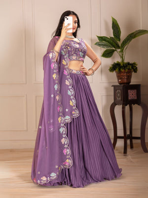 Rajwada Purple Georgette Embroidered Semi-Stitched lehenga For Women