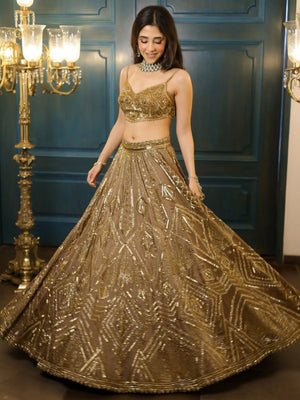 Rajwada Brown Net Embellished Semi Stitched Lehenga For Women