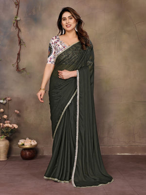 Rajwada Olive Green Georgette Solid Saree For Women
