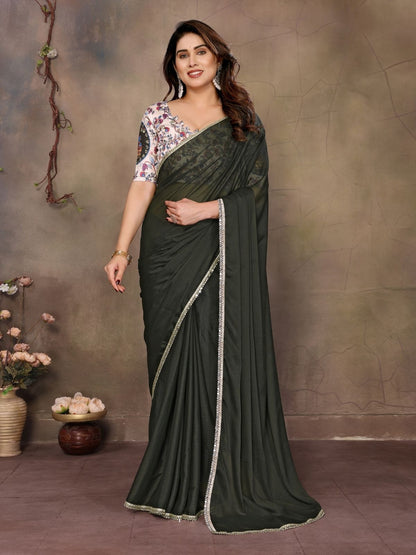Rajwada Olive Green Georgette Solid Saree For Women