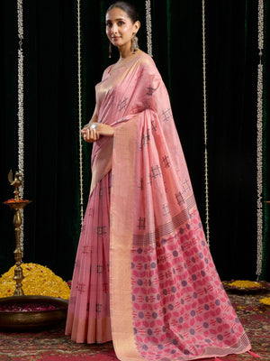 Rajwada Light Pink Cotton Blend Solid Saree For Women