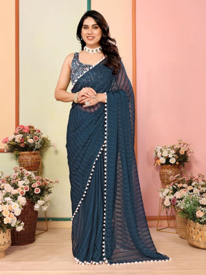 Rajwada Teal Blue Georgette Plain Saree For Women