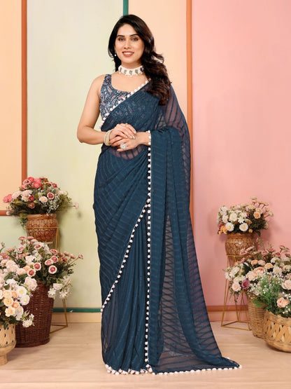 Rajwada Teal Blue Georgette Plain Saree For Women