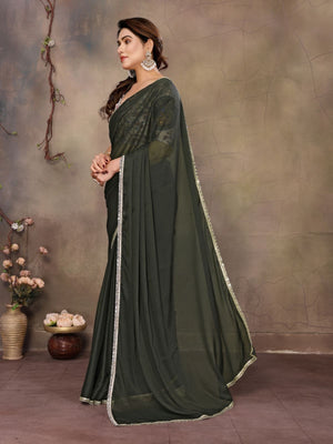 Rajwada Olive Green Georgette Solid Saree For Women