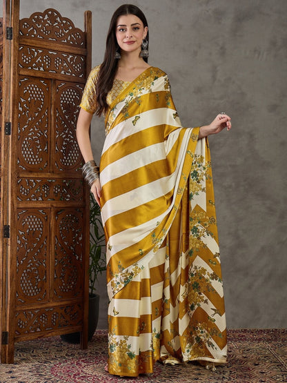 Rajwada Gold And White Silk Blend Printed Elegant Saree For Women