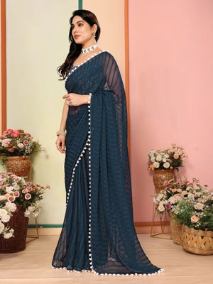 Rajwada Teal Blue Georgette Plain Saree For Women