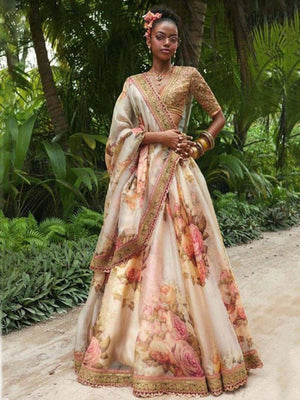 Rajwada Off-White Organza Printed Semi-Stitched lehenga For Women