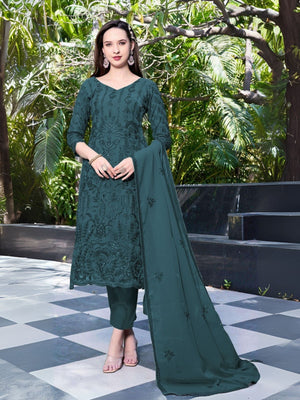 Rajwada Teal Blue Georgette Embroidered & Cutwork Semi-Sitched Kurta Set For Women