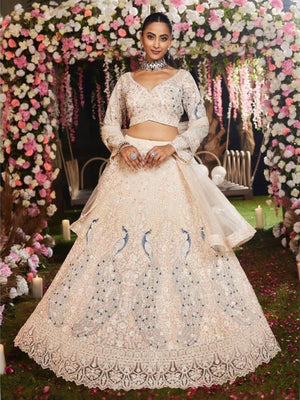 Rajwada Off White Net Embellished Semi Stitched Lehenga For Women