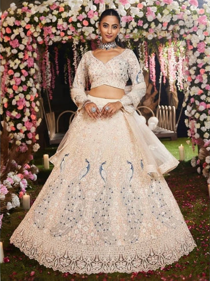 Rajwada Off White Net Embellished Semi Stitched Lehenga For Women