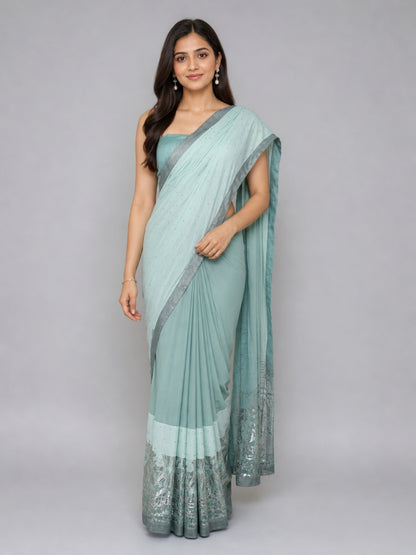 Turquoise blue Velvet Embellished Saree