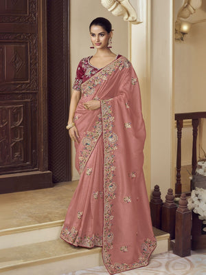 Rajwada Pink Georgette Embroidered Elegant Saree For Women