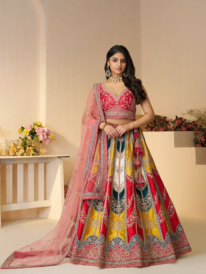 Rajwada Multicolor Silk Blend Embroidered Semi-Stitched Lehenga For Women