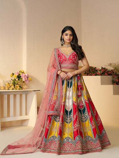 Rajwada Multicolor Silk Blend Embroidered Semi-Stitched Lehenga For Women