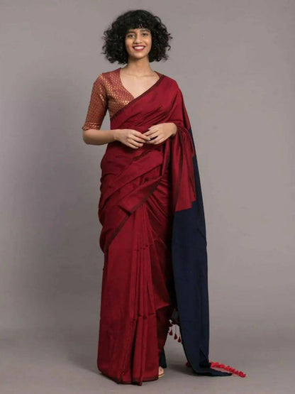 Rajwada Maroon Cotton Blend Solid Saree For Women