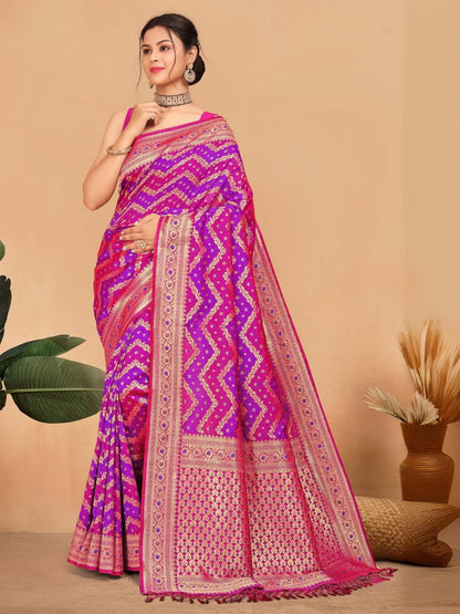 Rajwada Pink And Blue Woven Banarasi Silk Saree With Unstitched Blouse for Women