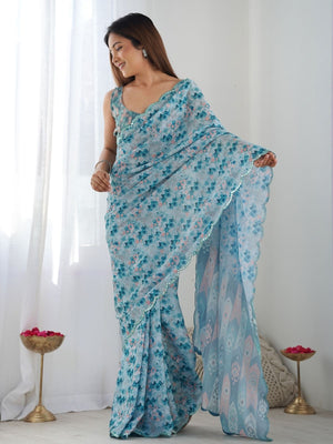 Rajwada Blue Chinon Printed Saree With Unstitched Blouse For Women