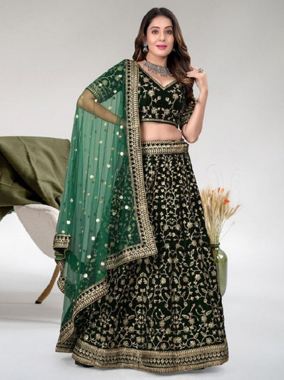 Rajwada Green Velvet Embroidered Semi-Stitched Lehenga For Women