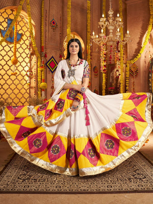 Rajwada Multicolor Viscose Cotton Embroidered Semi-Stitched lehenga With Patch Work And Stunning Tassels For Women