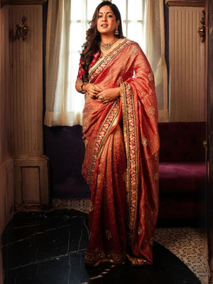 Rajwada Red Banarasi Crush Embellished Saree For Women