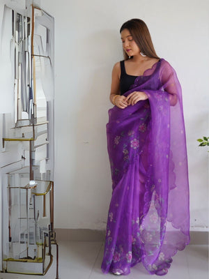 Rajwada Purple Organza Printed Saree With Unstitched Blouse For Women